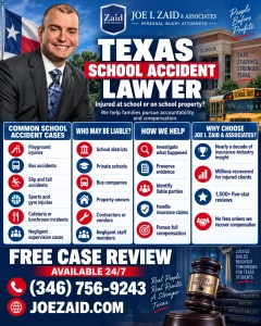 Texas school accident lawyer infographic explaining who may be liable after an injury at school