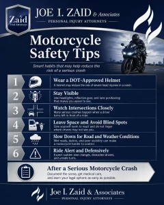 Infographic from Joe Zaid showing motorcycle safety and how to prevent motorcycle accidents in Houston