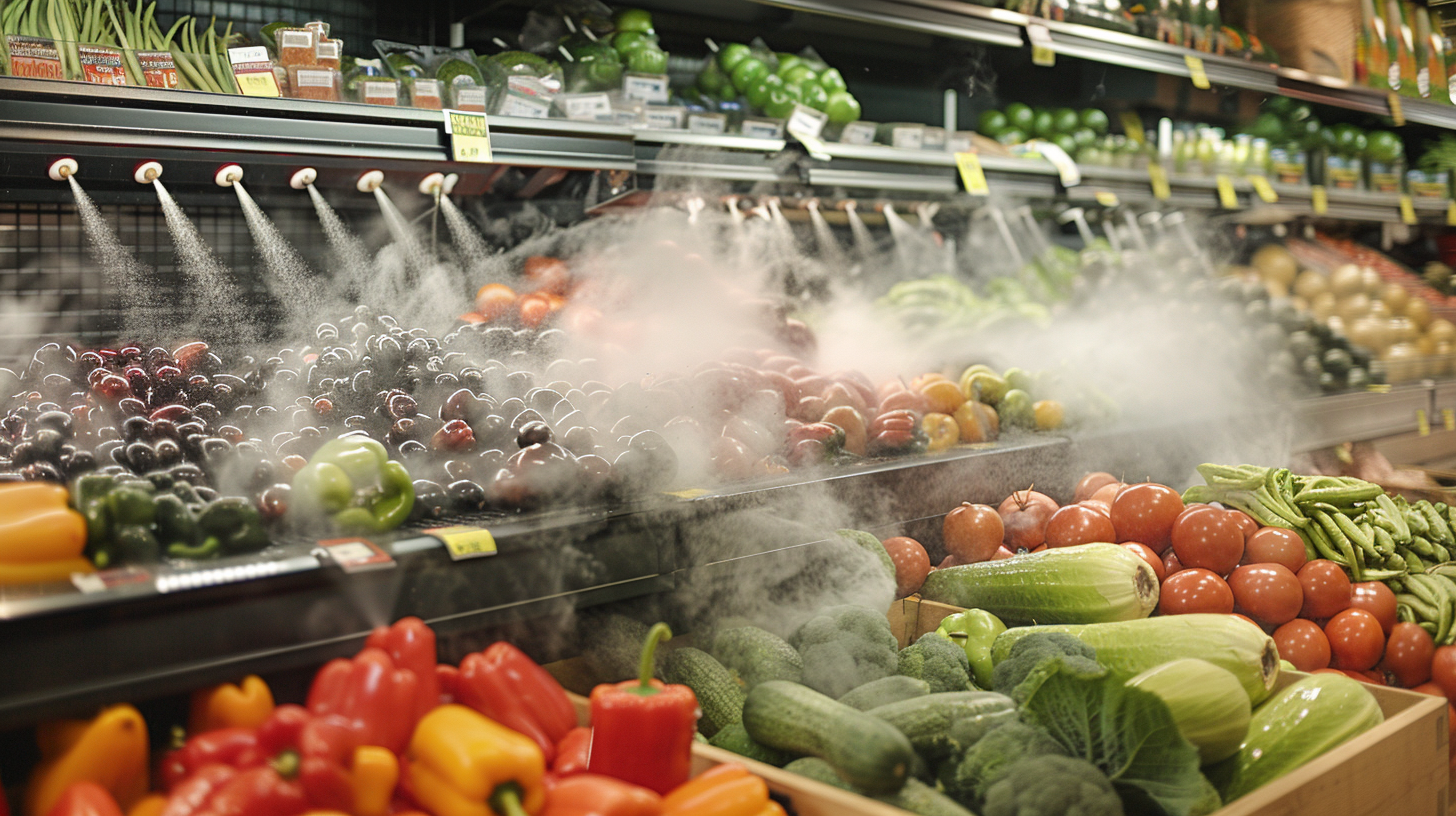 Produce un sistema de nebulización en una tienda de comestibles que causa condiciones peligrosas para los compradores