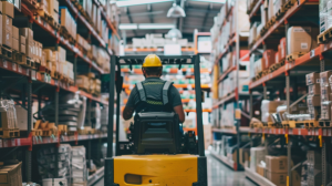 Worker driving forklift at walmart warehouse