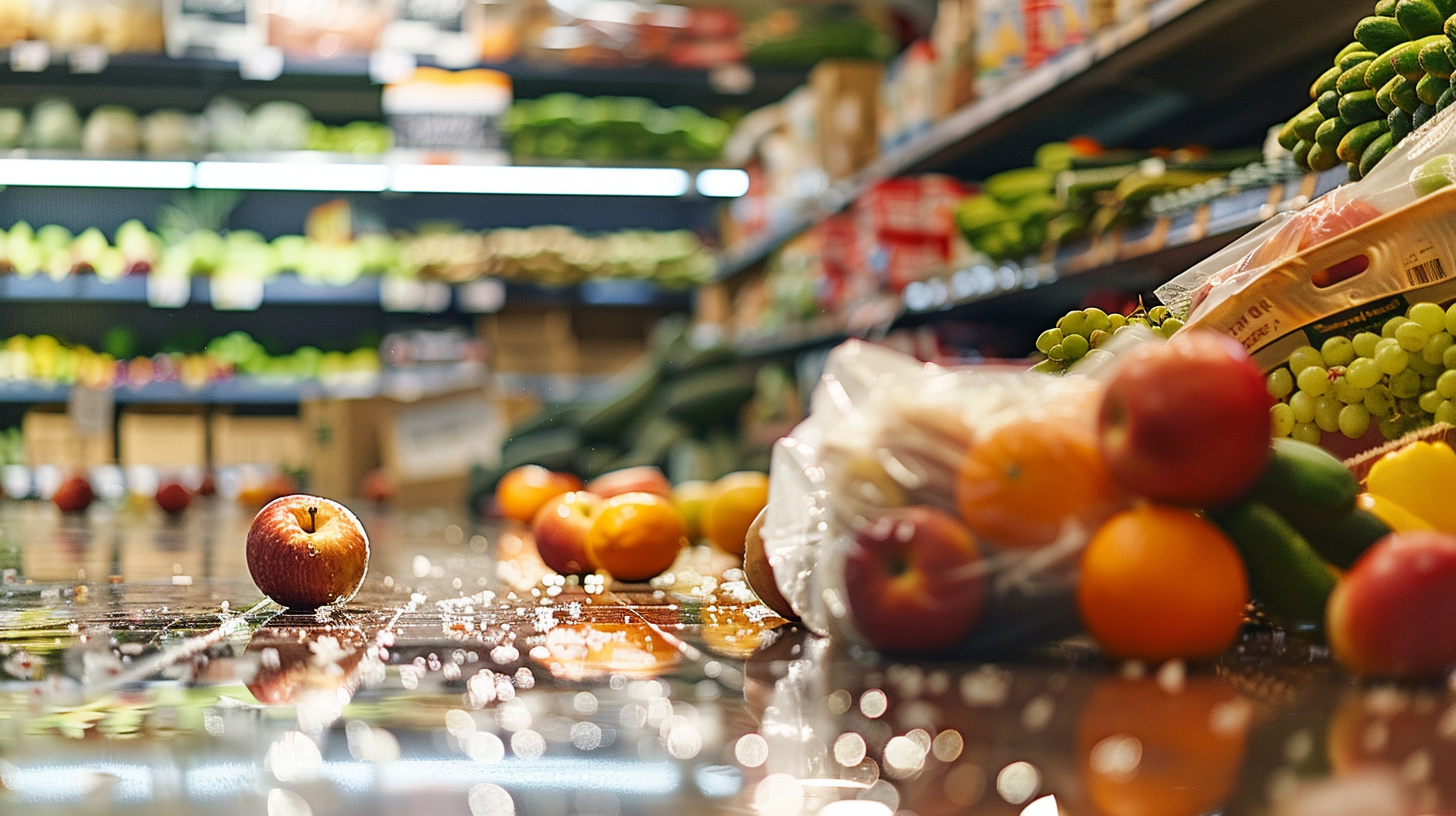 Productos caídos en una tienda de comestibles heb que provocan riesgos de resbalones y caídas