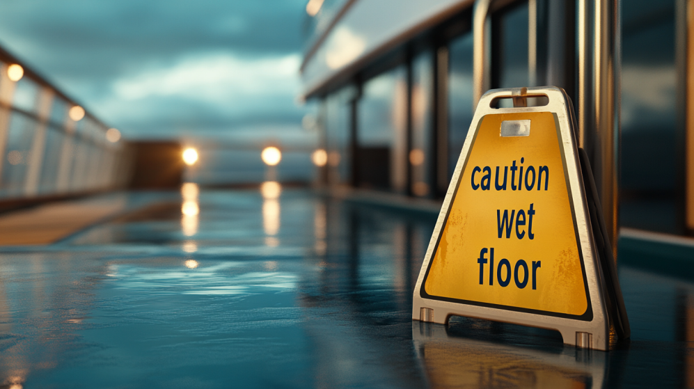 caution wet floor sign on a slippery deck of a large cruise ship