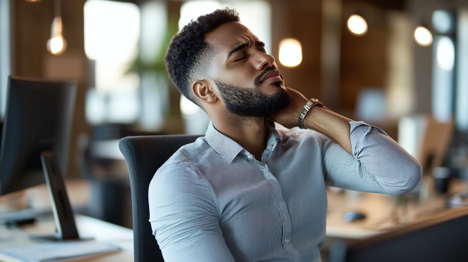 mid-20s office worker rubbing their neck and shoulders pain