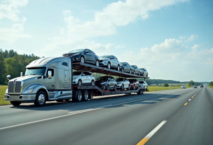 Auto Transport Trailer on the freeway hauling cars on its trailer