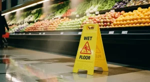 Wet floor warning cone placed near a grocery store produce aisle
