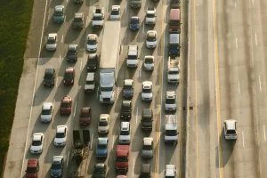 Aerial view of Beltway 8 near Houston showing commercial truck traffic a fedex truck accident lawyer would handle