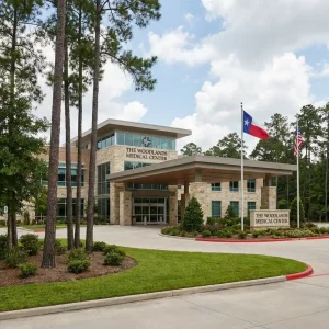 Houston Methodist The Woodlands Hospital exterior along I-45 in Montgomery County Texas