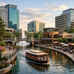The Woodlands Town Center waterway and commercial district in Montgomery County Texas