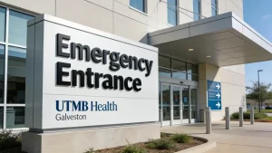 Emergency entrance to UTMB hospital where clients for galveston personal injury attorney come from