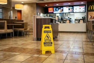 A wet floor warning sign inside of McDonald's restaurant