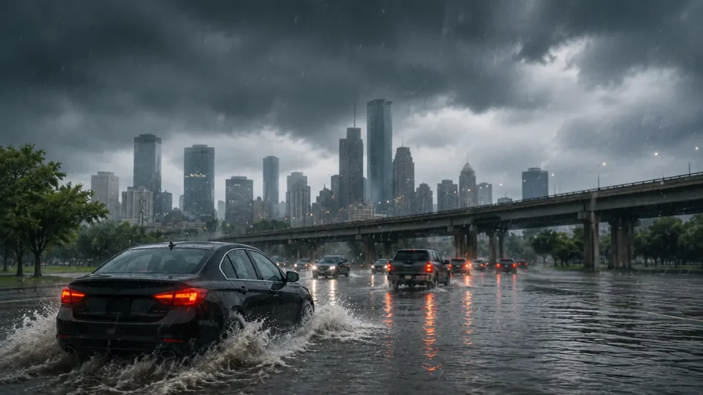 Cars driving through houston flooded street after getting a flood warning