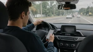 Distracted driver in car about to cause a head on collision