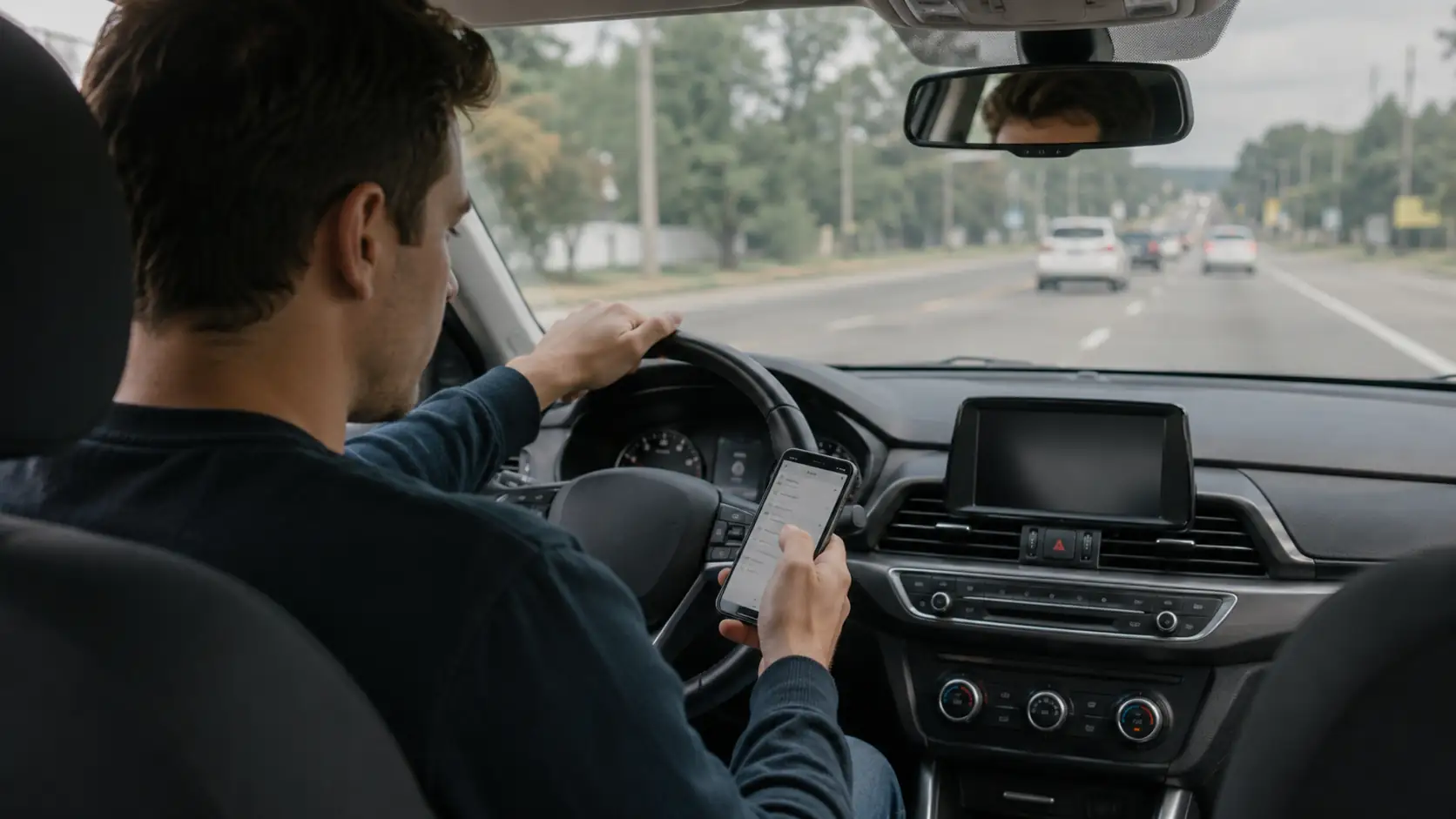 Distracted driver in car about to cause a head on collision
