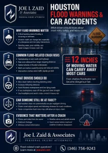 Infographic explaining the common crash types after flood warnings along with flood safety tips