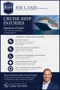 Cruise Ship Accident lawyer graphic displaying the various accidents on cruise ships and benefits of having a cruise ship accident attorney