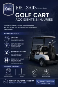 Infographic explaining the common causes and injuries of golf cart accidents and what to do if you get injured in or by a golf cart in Houston