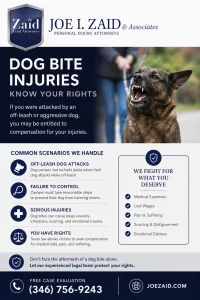 Houston dog bite injury lawyer graphic displaying safety tips and various types of injuries from dog bite accidents in Houston