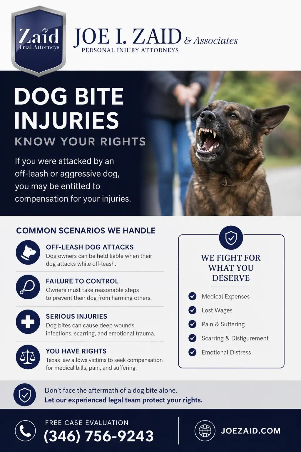 Houston dog bite lawyer graphic displaying safety tips and various types of injuries from dog bite injuries in Houston