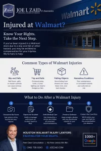 Houston Walmart injury infographic explaining common types of Walmart injuries, what to do after being injured at Walmart, and how a personal injury attorney in Houston, Texas can help