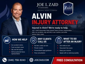 Joe I. Zaid infographic explaining what to do after an injury in Alvin, TX