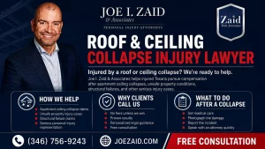 Joe I. Zaid & Associates infographic explaining what to do after a ceiling collapse in Houston, TX