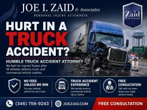 Advert for Joe I. Zaid & Associates showing a damaged blue semi-truck after an accident with bold 'Hurt in a Truck Accident?' headline and contact details at the bottom graphic.