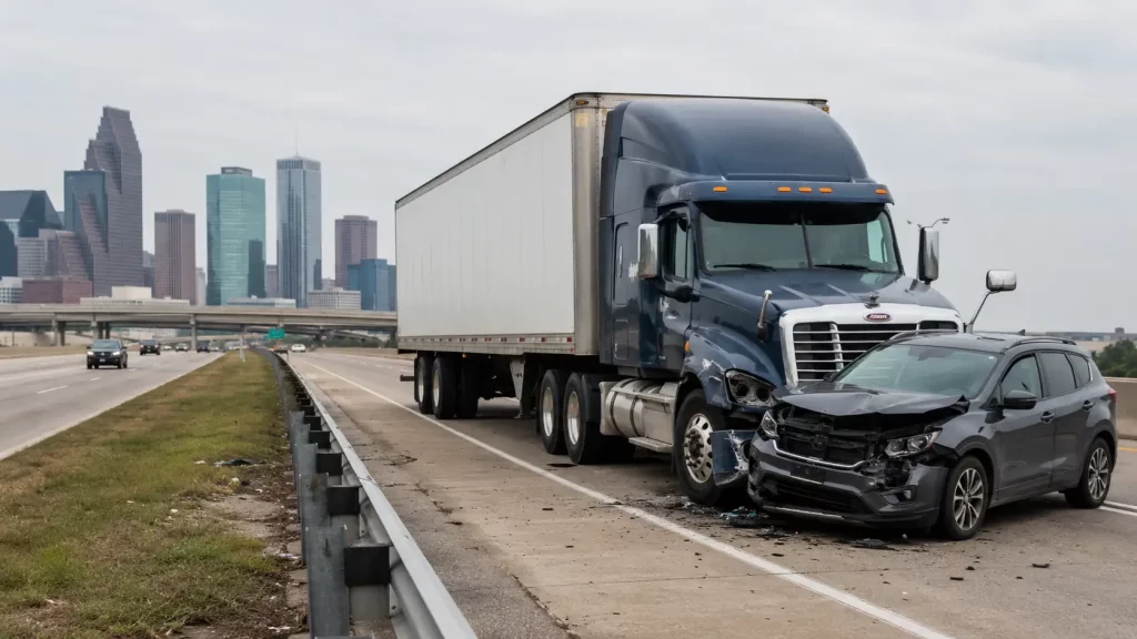 Blue semi-truck with a white trailer is involved in a front-end collision with a dark gray SUV on a highway, city skyline in the background.