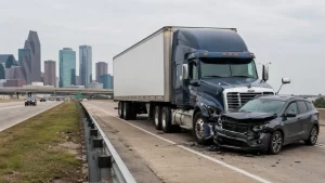 Blue semi-truck with a white trailer is involved in a front-end collision with a dark gray SUV on a highway, city skyline in the background.