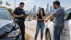 Police officer documenting a Texas car accident while two drivers discuss damage beside their vehicles.