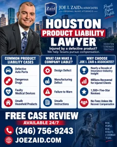 Houston product liability lawyer infographic explaining what makes a company liable for a defective product