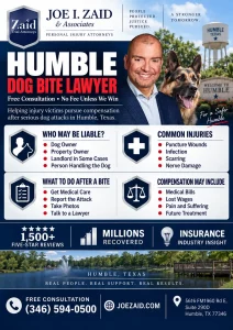 Humble dog bite lawyer infographic explaining liability, insurance coverage, and common injuries after a dog bite in Humble, Texas