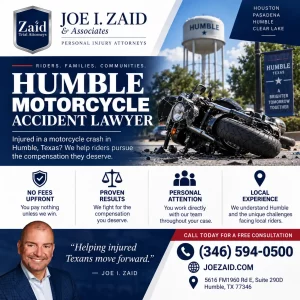 Infographic for a Humble motorcycle accident lawyer featuring Joe I. Zaid & Associates, a damaged motorcycle, Humble, Texas imagery, legal service benefits, and free consultation contact information.