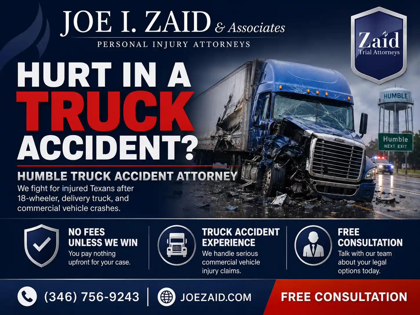 Advert for Joe I. Zaid & Associates showing a damaged blue semi-truck after an accident with bold 'Hurt in a Truck Accident?' headline and contact details at the bottom graphic.