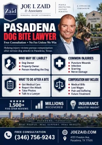 Pasadena dog bite lawyer infographic explaining liability, insurance coverage, and common injuries after a dog bite in Pasadena, Texas