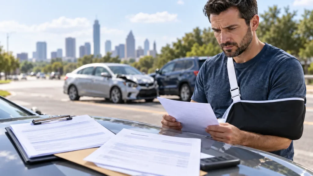 Man overviewing medical documents after a car accident