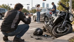 Man following steps on what to do after a motorcycle accident by documenting the scene