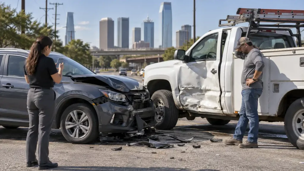 Man and woman stand next to an accident involving a personal car and a company vehicle