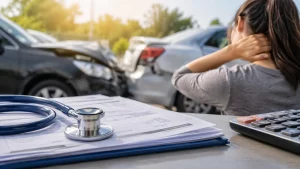 Woman wondering who will pay her medical bills after a neck injury caused by a car accident