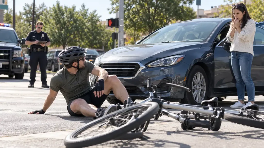 Woman hits biker on accident and his bicycle is badly damaged