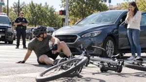 Woman hits biker on accident and his bicycle is badly damaged