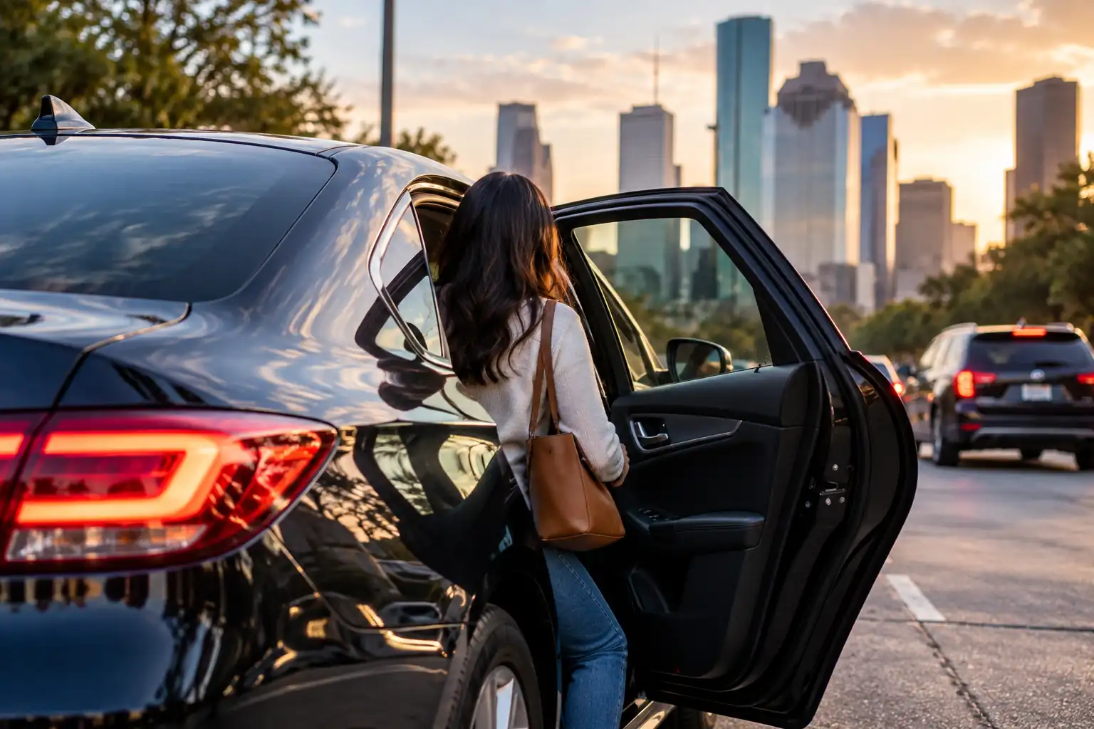 Woman getting out of her uber or lyft after an accident