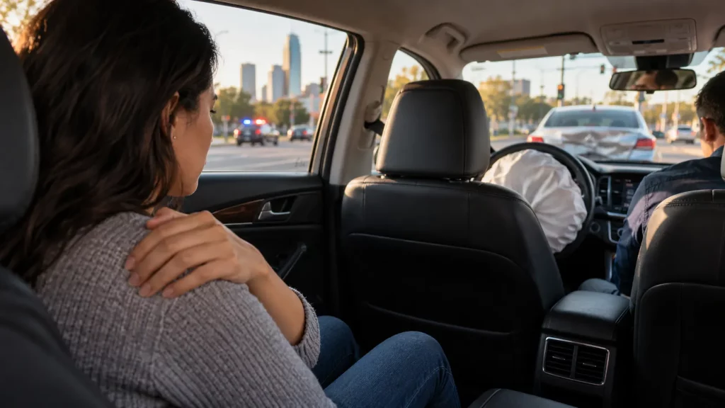 Mujer con el hombro lesionado tras sufrir un accidente de tráfico en su Uber.